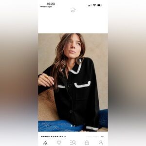 Sezane Betty Cardigan - black and ecru embroidered 100% merino wool Cardigan